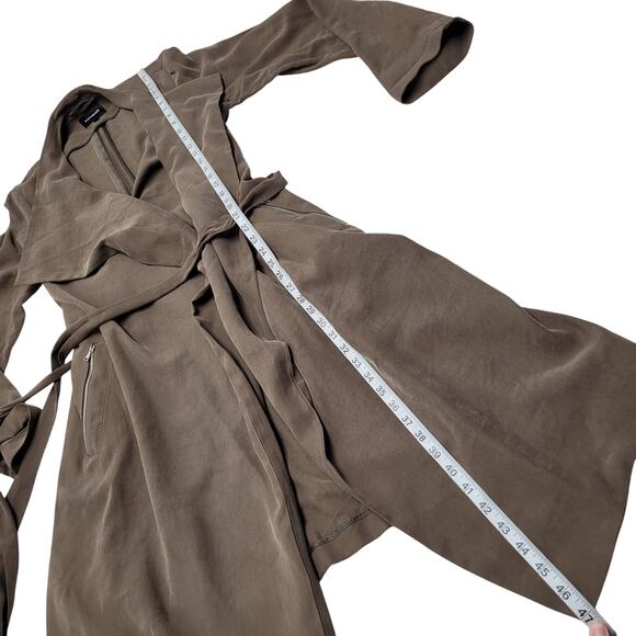 Express olive green zip pocket trench coat wrap mid length asymmetrical - Picture 3 of 9